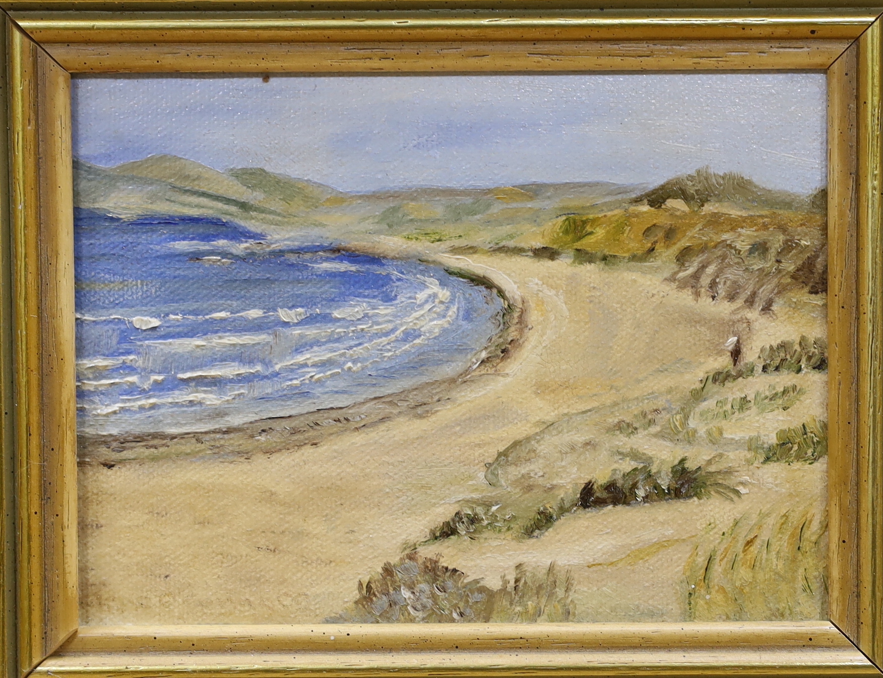 Jessica Piper, oil on canvas board, Lakeside landscape, signed, together with a pair of oils on canvas, Coastal landscapes, largest 24 x 30cm